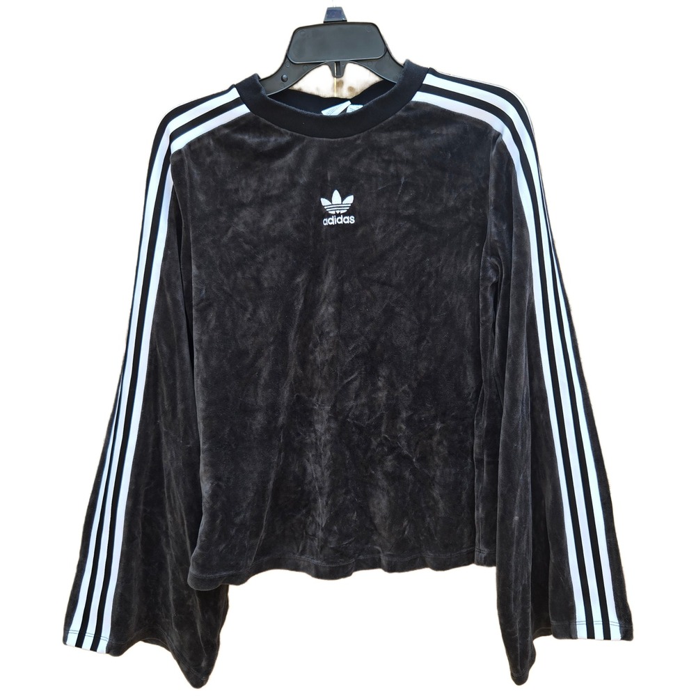 Adidas Black Velvet Wide Bell Sleeve 3-Stripe Sweatshirt Womens Medium